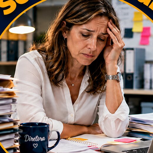 Diretora escolar exausta com pilhas de documentos